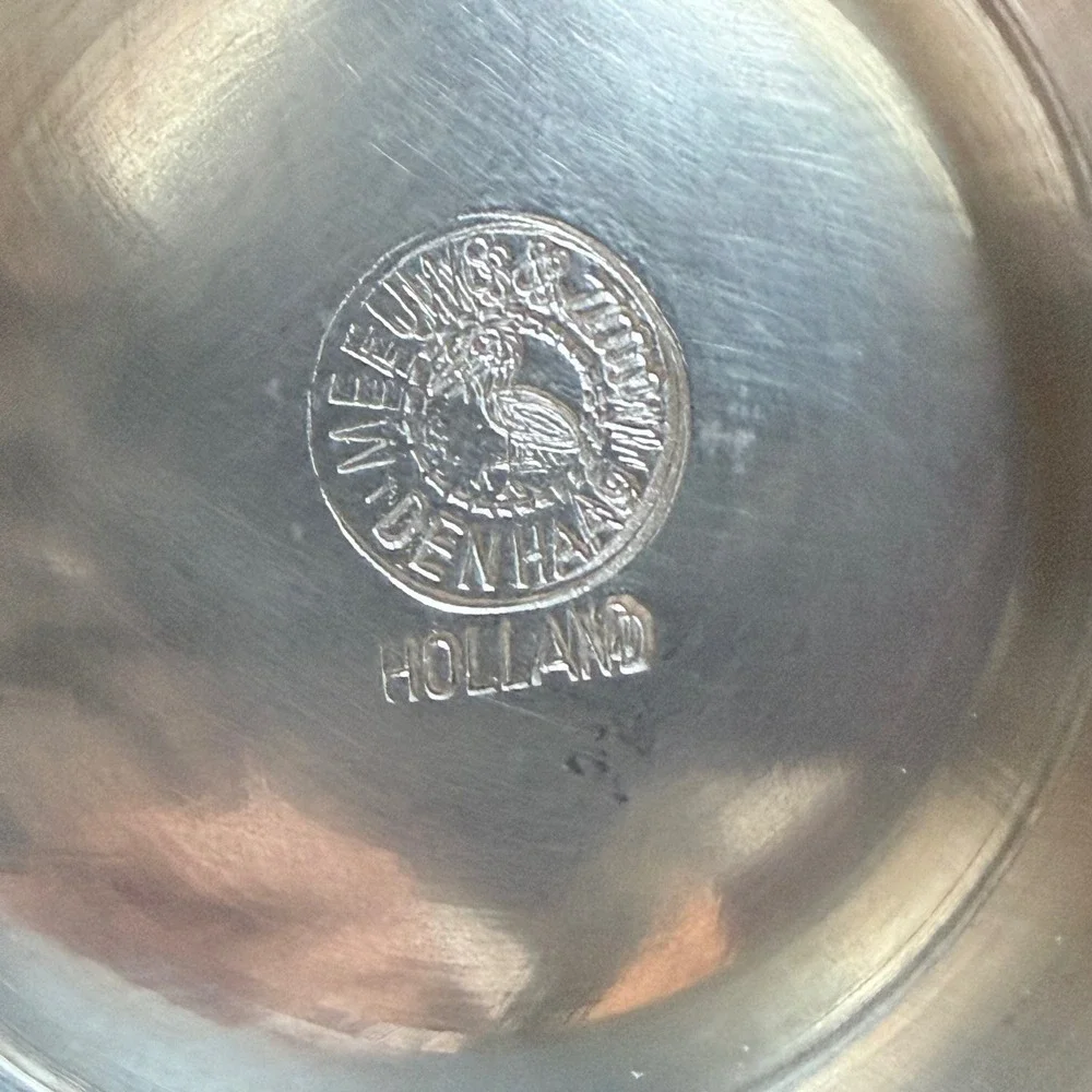 Vintage Meeuws & Zoon Pewter Pitcher – The Hague, Holland – Woven Rattan Handle